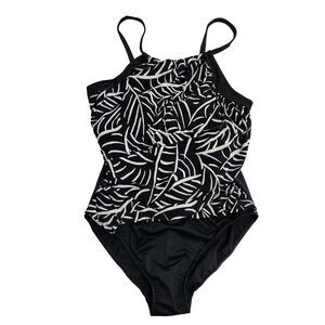 Trimshaper Hard to Be Leaf Black White Ruched Neck One Piece Swimsuit Size 20W